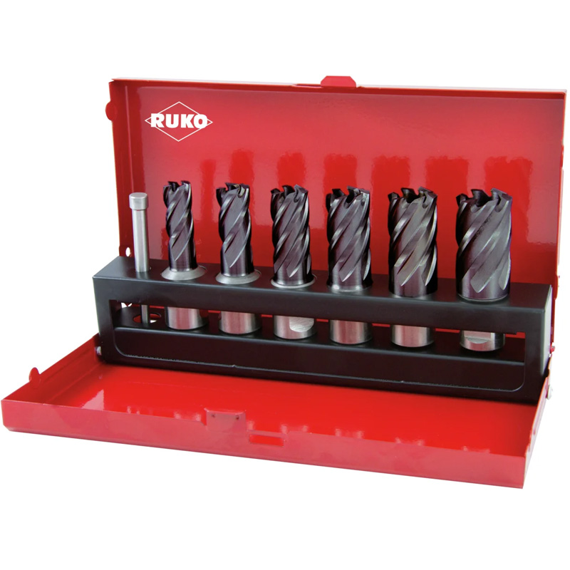 Set 6 carote HSS-TiAIN, 12-22mm, Weldon + tija centrare, RUKO