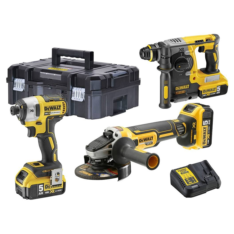 Set 3 scule 18V: DCF887, DCG405, DCH273, 3 x DCB184-XJ 5.0 Ah, incarcator XR Li-Ion DCB1104-QW, valiza T STAK™