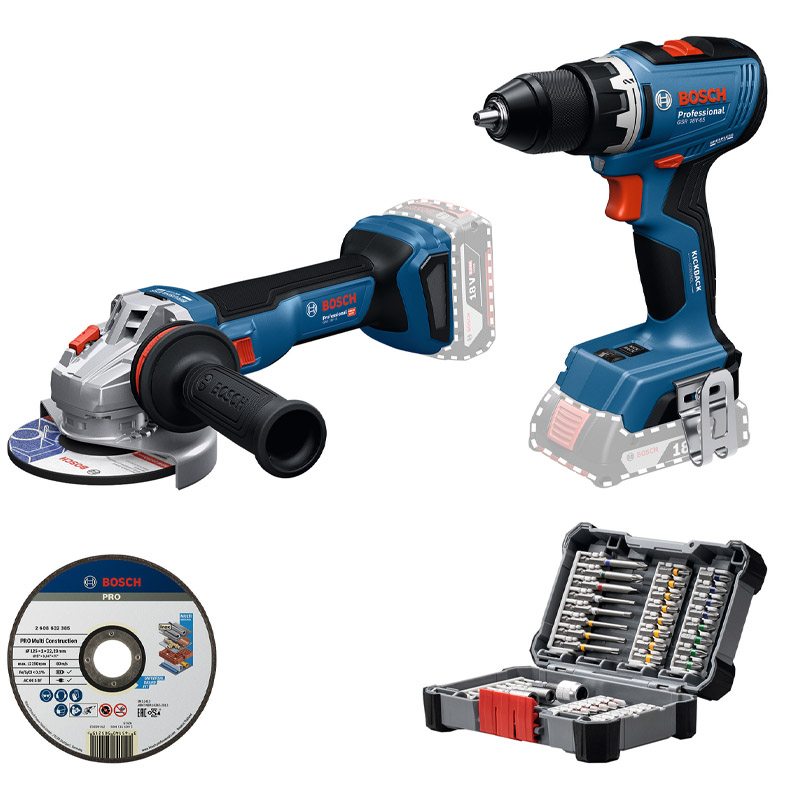 Set 2 scule compatibile cu acumulatorii de 18V: GSR 18V-65, GWS 18V-11, disc de tăiere, set biti, SOLO, cutie L-Case