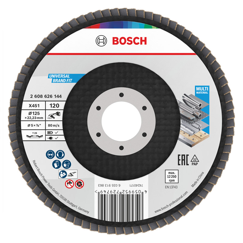 Disc de slefuire lamelar/evantai Bosch X451, 125x22.23 mm, G120, T29