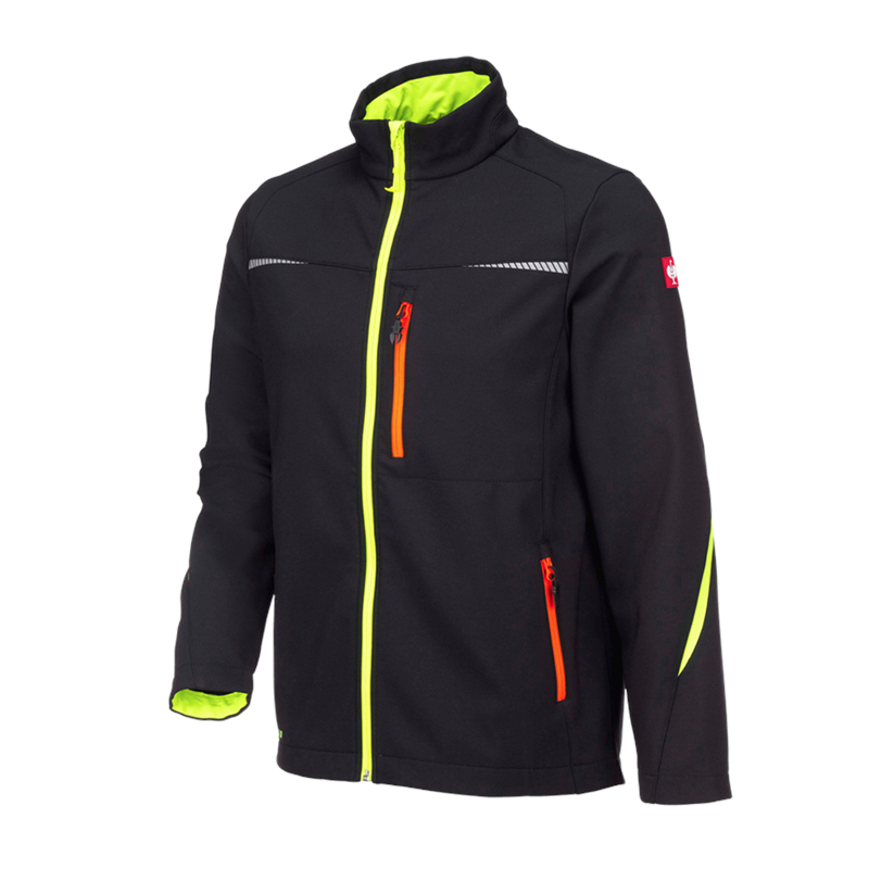 Geacă Softshell de lucru Strauss, e.s. motion 2020, negru-galben/portocaliu fosforescent, marimea L