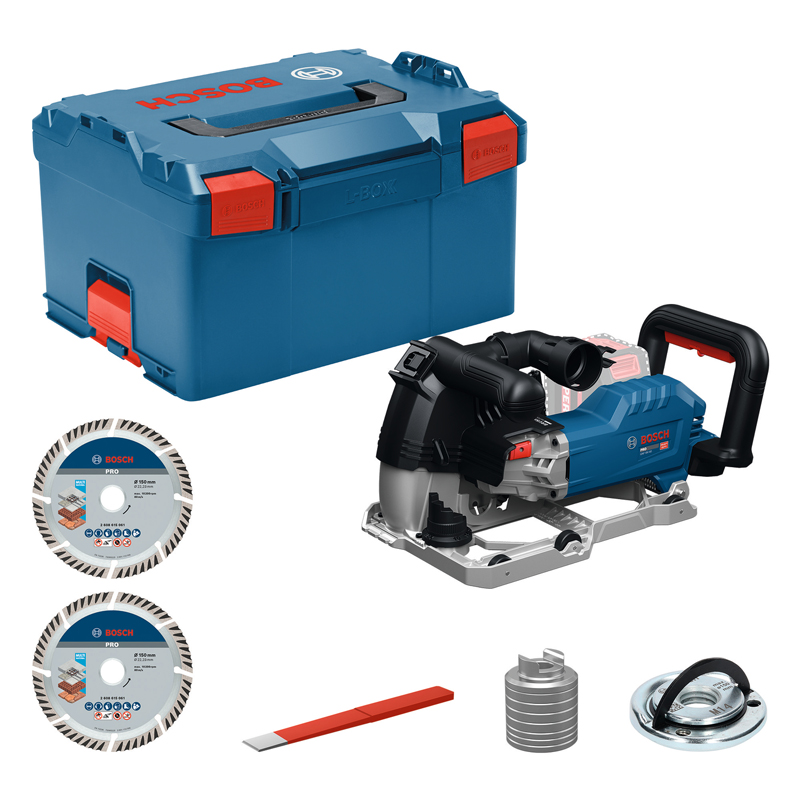 Masina de frezat caneluri cu acumulator 18V Li-Ion, Bosch tip GNF 18V-40, L-BOXX, 2 discuri diamantate 150 mm