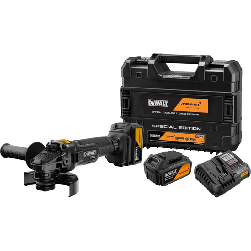 Polizor unghiular DeWALT McLaren F1 Team, 125mm, 18V, 2x5.0Ah, 9000rpm, incarcator, cutie T-STAK, tip DCG45MP2T-QW