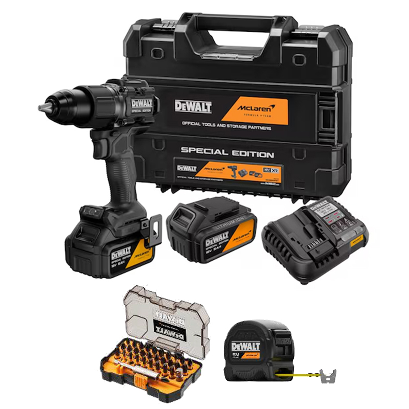Masina de gaurit/insurubat cu percutie, 18V, 2 x 5.0Ah Li-Ion, 90 Nm, Dewalt McLaren F1 Team tip DCD86MP2KT-QW, accesorii