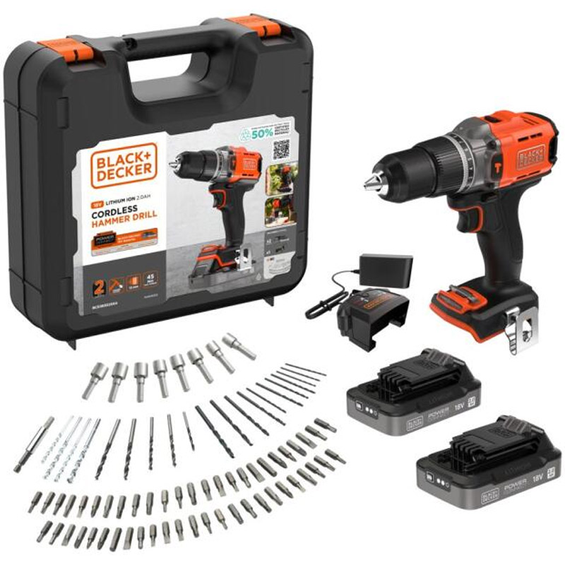 Masina de gaurit cu percutie si acumulatori BLACK&DECKER BCD383D2XKA-QW, 18V 2x 2.0Ah, 45 Nm, cu 80 accesorii