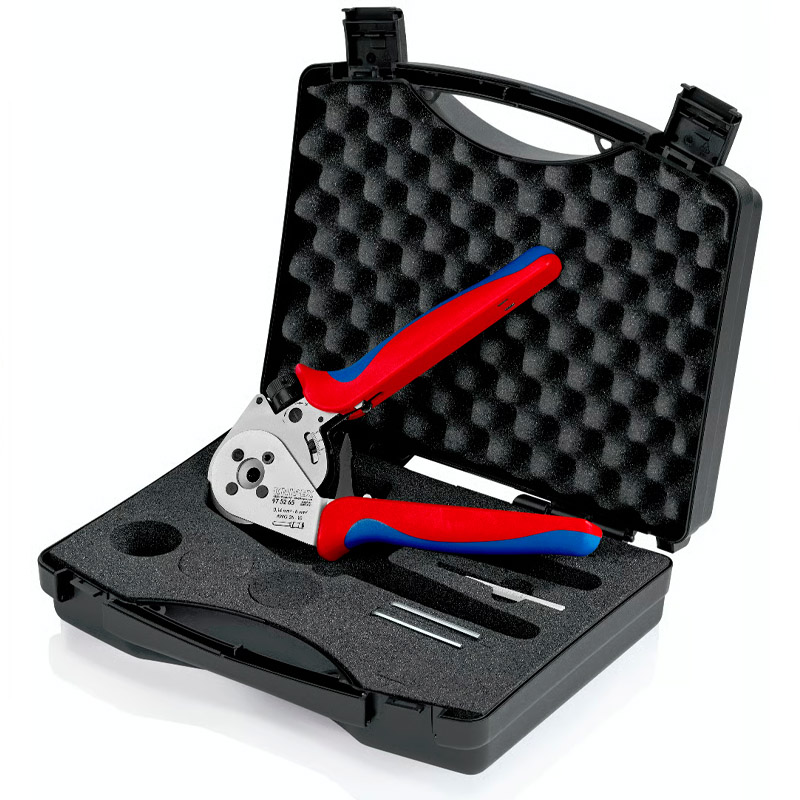 Cleste de presare KNIPEX 230 mm, cu patru dornuri pentru contacte rasucite, cu suport de contact si reglaj mecanic al avansului