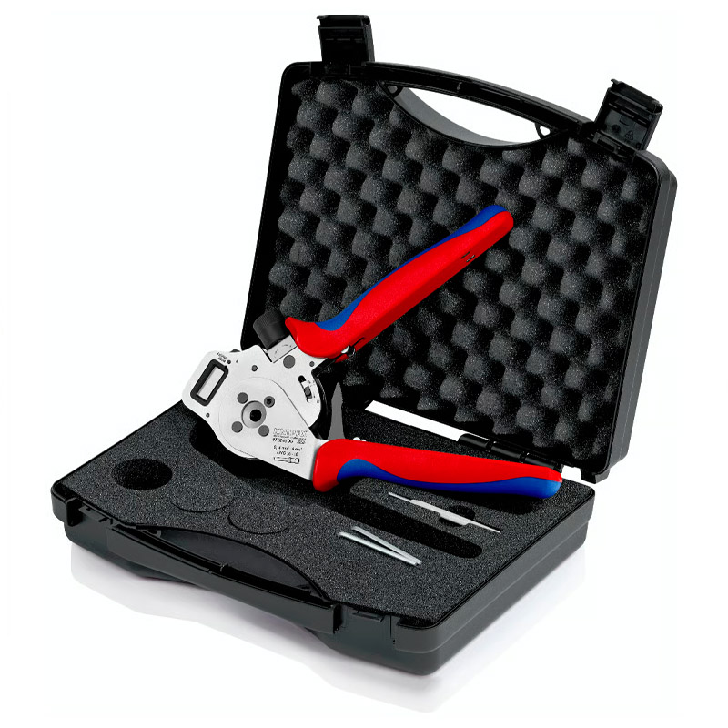 Cleste de presare KNIPEX 240 mm, cu patru dornuri pentru contacte rasucite, cu suport de contact si reglaj digital al avansului