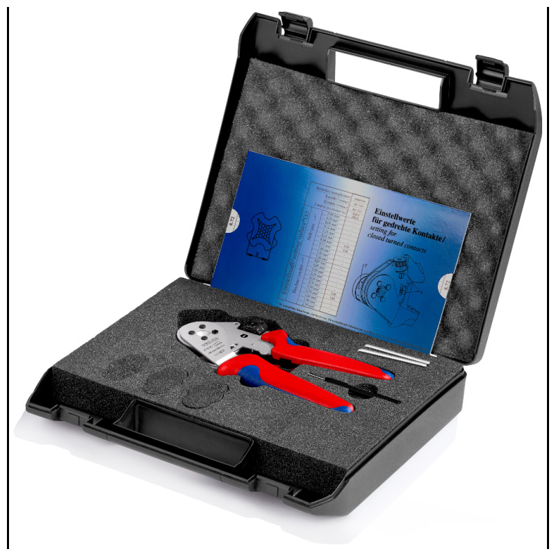 Cleste de presare KNIPEX 175 mm, cu patru dornuri pentru contacte rasucite, cu suport de contact si reglaj mecanic al avansului