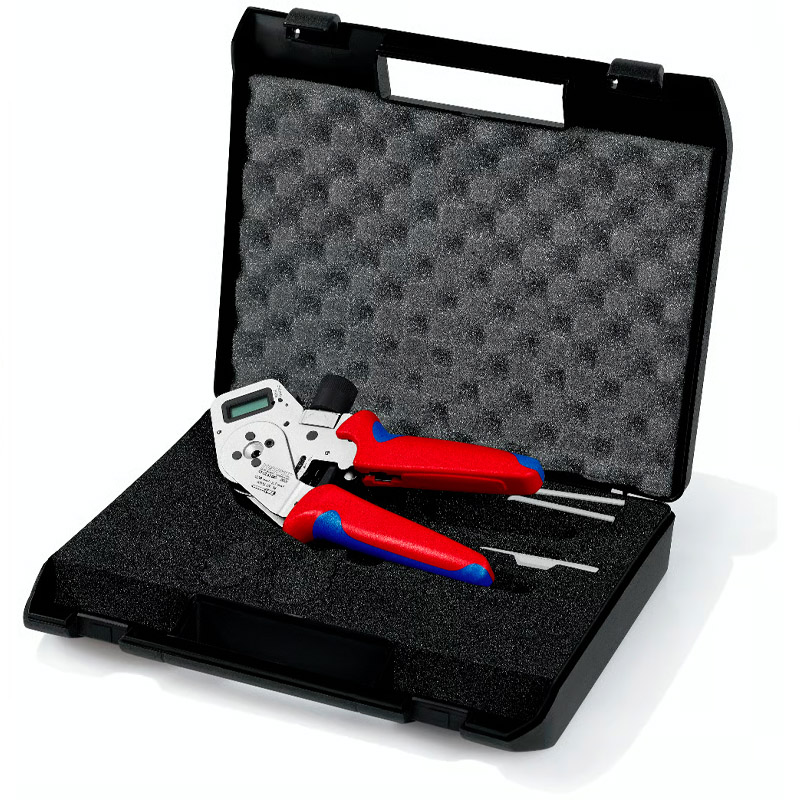 Cleste de presare KNIPEX 195 mm, cu patru dornuri pentru contacte rasucite, cu suport de contact si reglaj digital al avansului