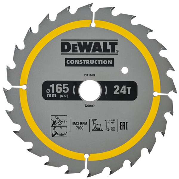 Disc (panza) pentru fierastrau circular, 165x20x1.86 mm, 24 dinti (taiere fina) pentru lemn cu cuie, Dewalt DT1949