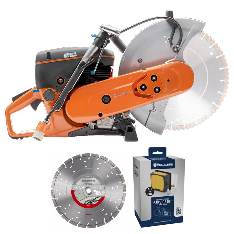 Pachet debitator cu motor pe benzina Husqvarna K770, 5.3 CP, cu disc 350 mm si kit intretinere