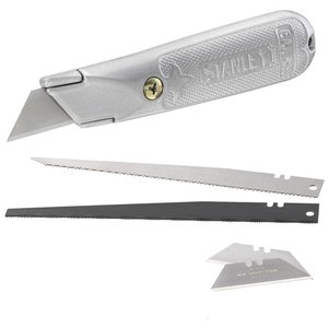 Cutter cu lame trapezoidale + 2 lame ferastrau (lemn + metal), STANLEY