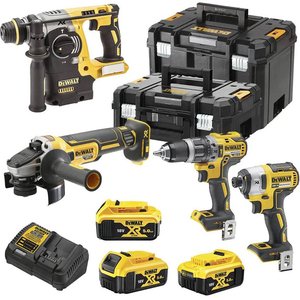 Set 4 scule DeWalt 18V: DCD796, DCF887, DCG405, DCH273, 3 x acu DCB184 5Ah, incarcator, TOUGH SYSTEM DS150+DS300