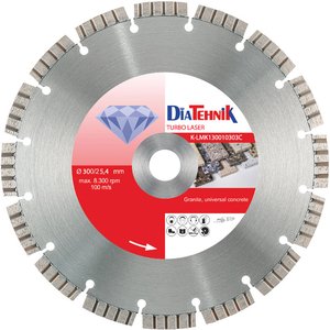 Disc diamantat TURBO LASER 300x25.40x10 mm, pentru beton universal si granit