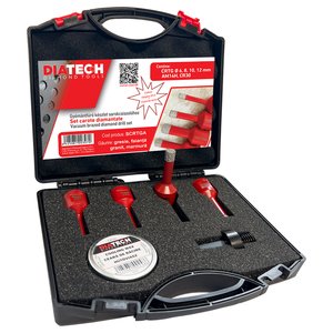 Set 4 carote diamantate MAXON pentru gresie, faianta, granit, 6, 8, 10, 12mm, prindere M14, ceara de racire si adaptor pentru carote pentru masinile de gaurit AM14H, DIATECH