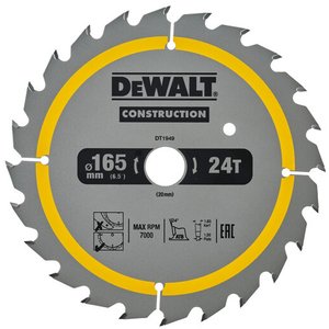 Disc (panza) pentru fierastrau circular, 165x20x1.86 mm, 24 dinti (taiere fina) pentru lemn cu cuie, Dewalt DT1949